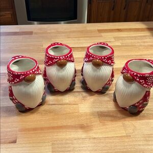 Pottery Barn Festive Gnome Ceramic Mugs-Red/White/Gray-Set of 4